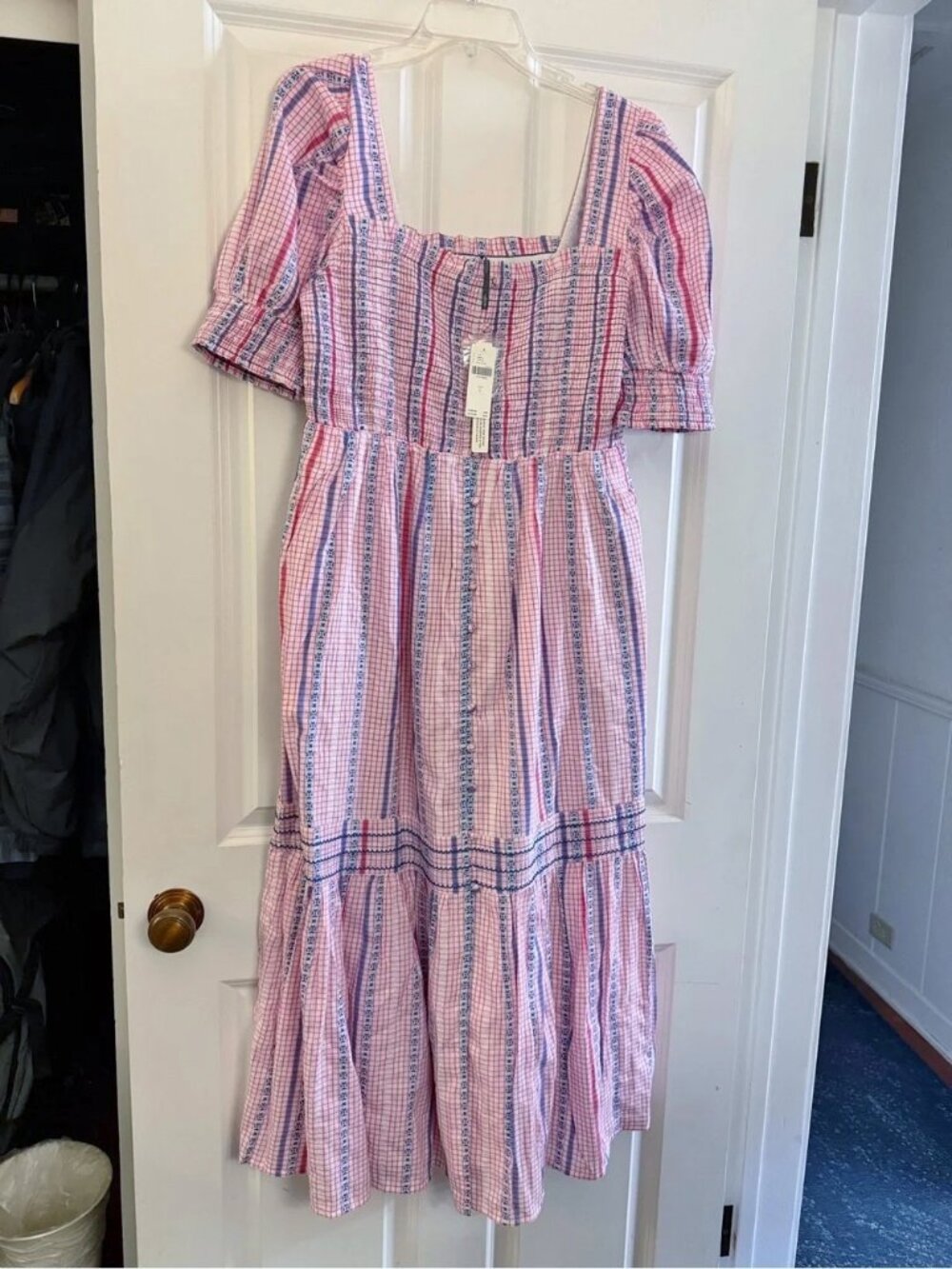 NEW Anthropologie Peregrine Puff-Sleeve Midi Dress L NWT Pink Plaid Pockets $188